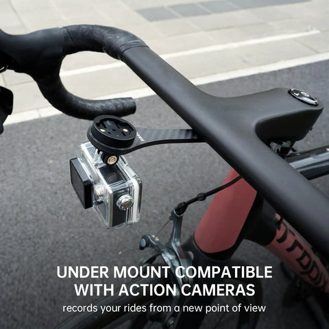 Out Front Handlebars Mount For Garmin GPS Bike Computer And Action Camera On Carbon Fiber Road Bike Rig featuring camera mount.