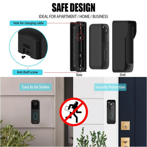 Anti Theft Angle Mount For Blink Video Doorbell 2025 2nd Gen Adjustable 45 Degree Wall Bracket With Weatherproof Cover Two Installation Methods No Drill Or Screws For Home Apartment Office Security, showing components and secure installation.