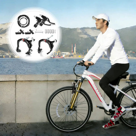 All In One Front And Rear C Caliper Brake Kit For Kids Bikes Compatible With Road Mountain And Hybrid Bikes Includes Levers Cables Brake Pads And All Mounting Hardware Easy Install Black displayed next to cyclist