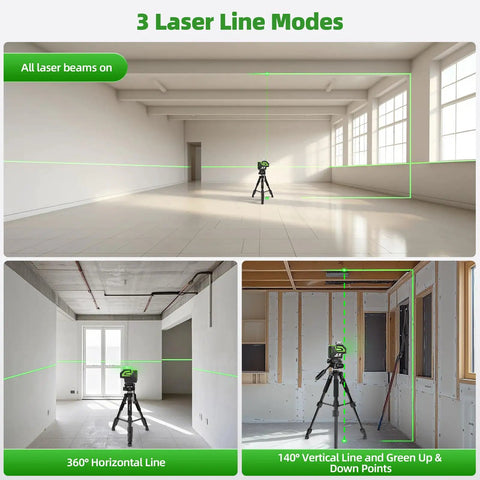 Dead Nuts True Self Leveling Green Laser Level Tough Cross Line Tool with 360 degree horizontal beam in action on job site.