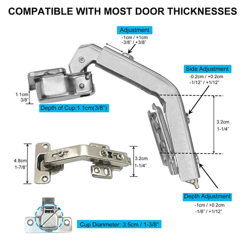 135 Degree Bi Fold Blind Corner Cabinet Hinges Full Overlay Face Frame Concealed Soft Close Hardware Two Pack detailed measurements and adjustments.