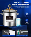 Front view of stainless steel 3-gallon vacuum chamber with gauge, brass fittings, and side handles.