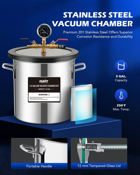 Front view of stainless steel 3-gallon vacuum chamber with gauge, brass fittings, and side handles.
