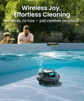 Seagull SE Cordless Robotic Pool Cleaner For Above Ground Pools With LED Indicator in charcoal, floating in a pool
