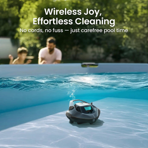 Seagull SE Cordless Robotic Pool Cleaner For Above Ground Pools With LED Indicator in charcoal, floating in a pool