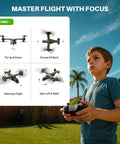 Boy using remote controller for X550 RC Plane For Beginners And Adults with diagram showing flight modes in backyard setting.