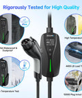 Level 2 EV Charger 40 Amp 9.6kW Lightning Fast Home Charge with durability tests displayed, including IP66 waterproof and temperature tests.