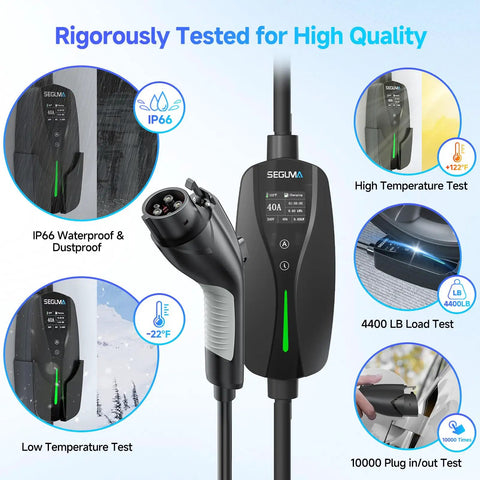 Level 2 EV Charger 40 Amp 9.6kW Lightning Fast Home Charge with durability tests displayed, including IP66 waterproof and temperature tests.