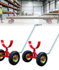 Two Pack Beefy Pipe Transport Cart With 360 Degree Rotating Cradle For Steel And PVC Pipes, Heavy Duty Pipe Dolly Carrier For Construction, Warehouse And Workshop, Handles Up To 1760 Lbs Load, shown with red steel cradle and wheels
