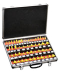 Heavy Duty 50 Piece Carbide Wood Router Bit Set 1/4 Inch Shank arranged in a portable case with yellow bits for woodwork.