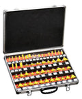 Heavy Duty Fifty Piece Wood Router Bit Set With Quarter Inch Carbide Shank for flush trimming in a durable aluminum case.