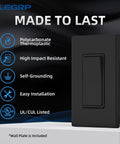 Matte Black 3 Way Decorative Light Switch With Wall Plate, 15 Amp, 120-277 Volt AC Rocker Paddle, Self-Grounding, shown with features