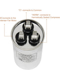 Top view of 2 Pack 35 Plus 5 MFD 35 Slash 5 UF 370V 440V Dual Run Circular Start Capacitors with labeled connectors