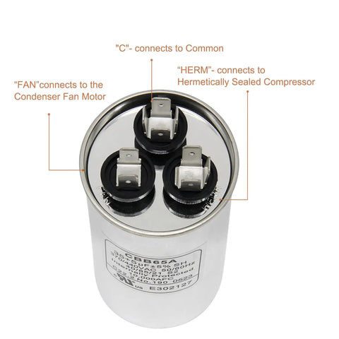 Top view of 2 Pack 35 Plus 5 MFD 35 Slash 5 UF 370V 440V Dual Run Circular Start Capacitors with labeled connectors