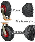 Built Tough 4 Pack Pneumatic Swivel Casters 8 Or 10 Inch Flat Free Rubber Wheels With Solid Steel Brackets, showcasing 8-inch and 10-inch treads.