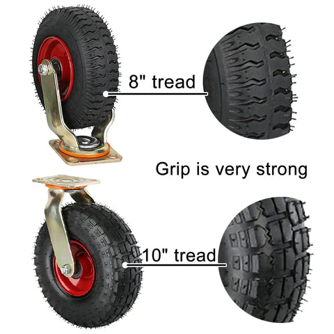 Built Tough 4 Pack Pneumatic Swivel Casters 8 Or 10 Inch Flat Free Rubber Wheels With Solid Steel Brackets, showcasing 8-inch and 10-inch treads.