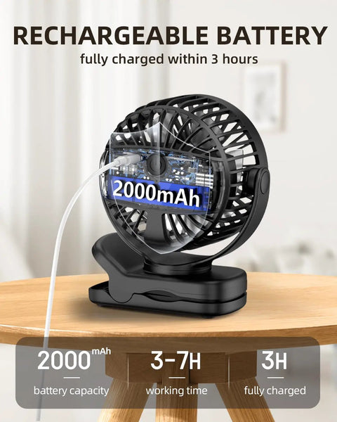 Clip On Battery Operated Mini Desk Fan With Digital Display, 3 Speeds Adjustable, on table showcasing battery capacity.