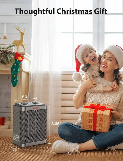 Heat Up Fast PTC Ceramic Space Heater With Thermostat 3 Modes No Fuss Compact Desk Heater with family by Christmas tree