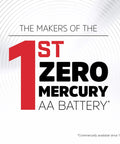 Text image showcasing the 1st Zero Mercury AA Battery, highlighting environmentally friendly features.