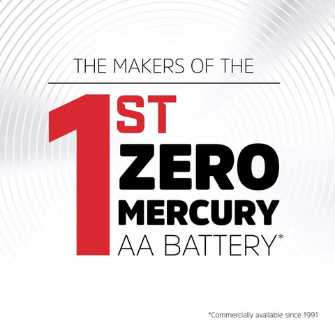 Text image showcasing the 1st Zero Mercury AA Battery, highlighting environmentally friendly features.