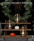 12-Pack Bronze Mini Lanterns With Remote Control, 5.1 Inch Tall Vintage Western Lanterns on wooden shelf, Christmas decor