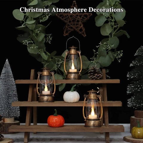 12-Pack Bronze Mini Lanterns With Remote Control, 5.1 Inch Tall Vintage Western Lanterns on wooden shelf, Christmas decor