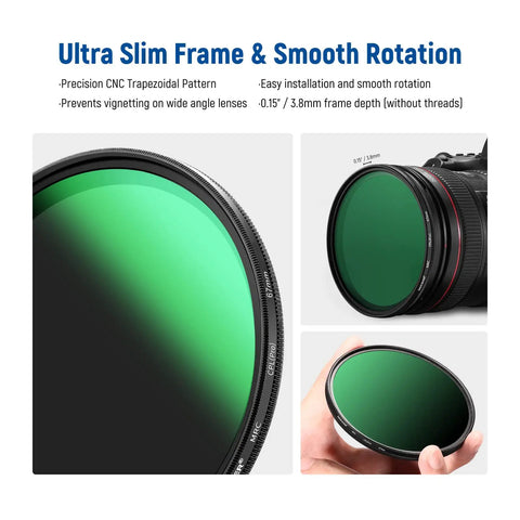67mm Circular Polarizing Filter With 30 Layer Nano Coatings shown on camera and in hand, showcasing ultra slim CPL design