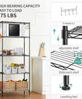 Beefy Five Shelf Heavy Duty Metal Storage Rack With Adjustable Wire Shelves, leveling feet, hooks, kitchen or pantry use, 23.2 L x 13.4 W x 59.1 H