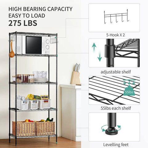 Beefy Five Shelf Heavy Duty Metal Storage Rack With Adjustable Wire Shelves, leveling feet, hooks, kitchen or pantry use, 23.2 L x 13.4 W x 59.1 H