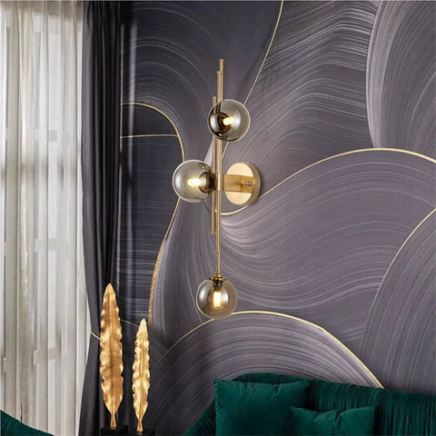 Mid Century Modern Indoor 3 Light Globe Wall Sconce With Smoke Gray Glass Shade And Brushed Brass Finish Vertical Vanity Lamp