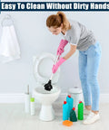 Woman using Tough As Nails 8 Pack Toilet Plungers Bulk Set with long handle for easy toilet unclogging.