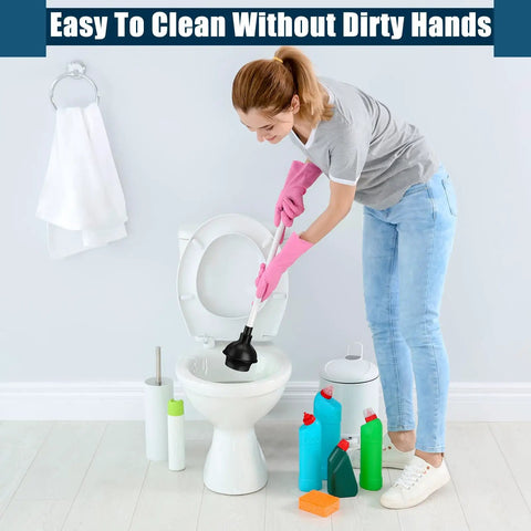 Woman using Tough As Nails 8 Pack Toilet Plungers Bulk Set with long handle for easy toilet unclogging.