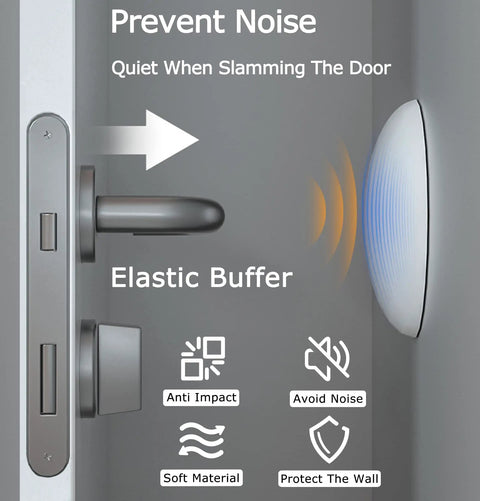 Heavy Duty Silicone Door Wall Protectors With Super Sticky Backing To Take The Heat From Swinging Doors And Keep Your Home From Getting Rattled By General Foot Traffic. Image showing a door with silicone elastic buffer for noise prevention.