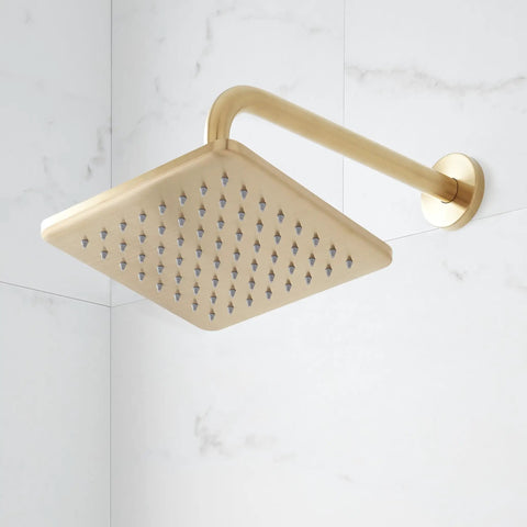 Berwyn Pressure Balance Shower System with Slide Bar and Hand Shower - Brushed Gold square shower head mounted on wall.