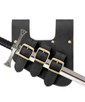 Medieval Viking Sword Frog Holster With Adjustable Belt Straps, vintage black faux leather design with sword partially inserted.