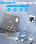 Universal Travel Adapter With Three USB Ports And One Type C Port, Worldwide AC Outlet Charger connected to devices
