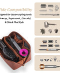 Travel Hair Tool Case For Dyson Airwrap And Shark FlexStyle with compartments, brown waterproof bag open with tools