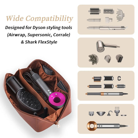 Travel Hair Tool Case For Dyson Airwrap And Shark FlexStyle with compartments, brown waterproof bag open with tools