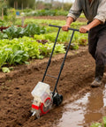 Manual Garden Seeder Hand Push Planter With 7 Nozzles in a vegetable garden, showing seeding tool for soybeans, corn, peanut, cotton