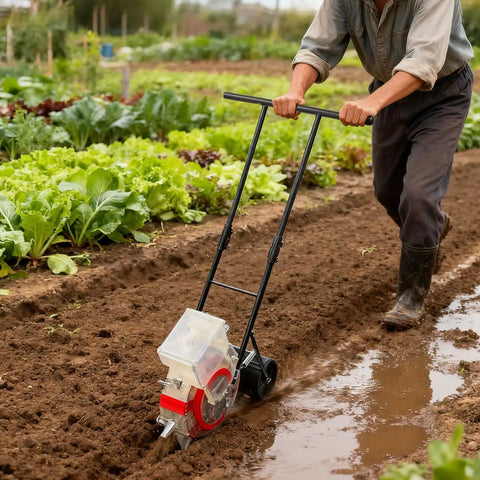Manual Garden Seeder Hand Push Planter With 7 Nozzles in a vegetable garden, showing seeding tool for soybeans, corn, peanut, cotton