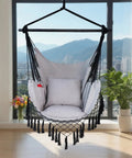 Hammock Chair Hanging Rope Swing Chair For Indoor Outdoor Use Built For Chill Comfort Up To 450 Lbs Large With Pocket And Two Cushions Removable Steel Bar Hardware Kit Included Light Grey