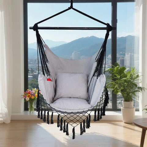 Hammock Chair Hanging Rope Swing Chair For Indoor Outdoor Use Built For Chill Comfort Up To 450 Lbs Large With Pocket And Two Cushions Removable Steel Bar Hardware Kit Included Light Grey