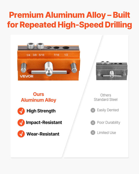 Premium aluminum alloy dowel jig kit for woodworking with adjustable clamps and precision guide bushings.