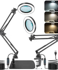 Desk Magnifying Lamp With Light And Clamp Base, 10X And 15X Magnification, 72 LED Glass Lens, showing three color modes.