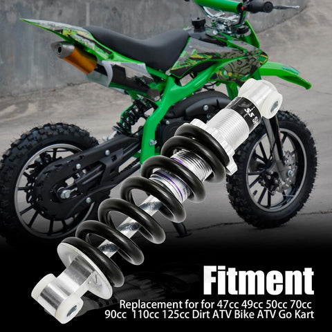 Beefy Rear Shock Absorber And Suspension Spring For Gas Scooters Electric Bikes Mini Motorcycles Dirt Bikes ATVs And Pocket Bikes With 190mm Length And 1200Lb Capacity Heavy Duty Replacement shown with a green dirt bike