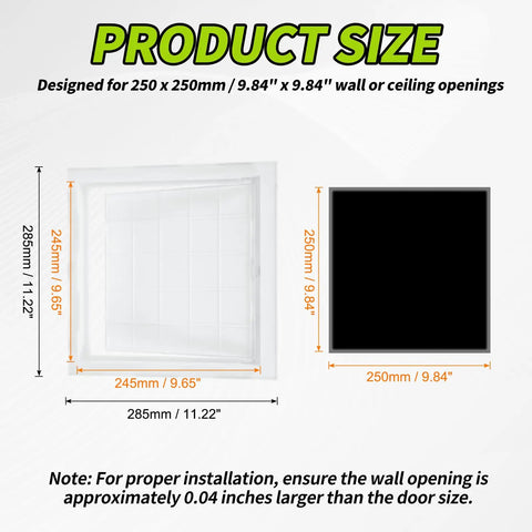 Heavy Duty Drywall Access Panel Nine Point Nine Inch Ceiling Repair Cover showing product size and installation notes.