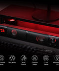 GS550 2.0 Channel Desktop PC Gaming Speakers Bar with USB power, red backlit, under a monitor, showing volume knob and logo