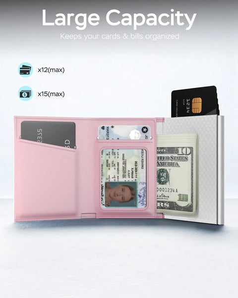 Open view of AirTag Friendly Slim Wallet For Women With Front Pocket Ultra Thin Trifold Card Holder Anti Theft Minimalist Premium Leather