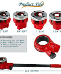 Pro Grade BSPT Pipe Threader Ratchet Kit For Quick, Easy Threading With Four Dies Including Half Inch, Three Quarter Inch, One Inch, And One And One Quarter Inch In Heavy Duty Steel Construction, red threading dies and ratchet