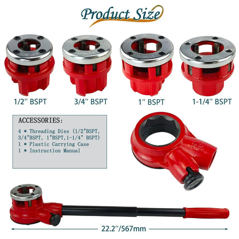 Pro Grade BSPT Pipe Threader Ratchet Kit For Quick, Easy Threading With Four Dies Including Half Inch, Three Quarter Inch, One Inch, And One And One Quarter Inch In Heavy Duty Steel Construction, red threading dies and ratchet